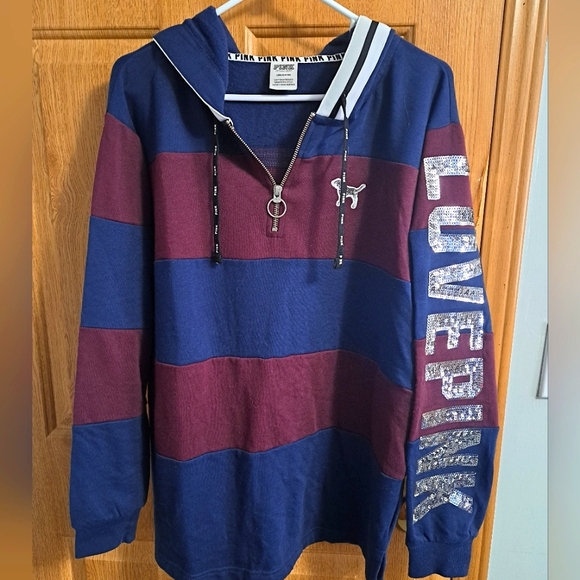 PINK Victoria's Secret Hooded Long Sleeve Quarter Zip With Bling - Picture 1 of 4